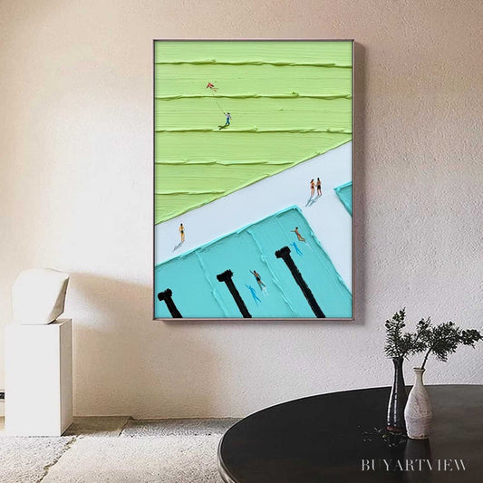 BUYARTVIEW Aqua Promenade – Minimalist Poolside Cityscape Oil Painting - image 2