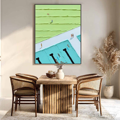 BUYARTVIEW Aqua Promenade – Minimalist Poolside Cityscape Oil Painting - image 3