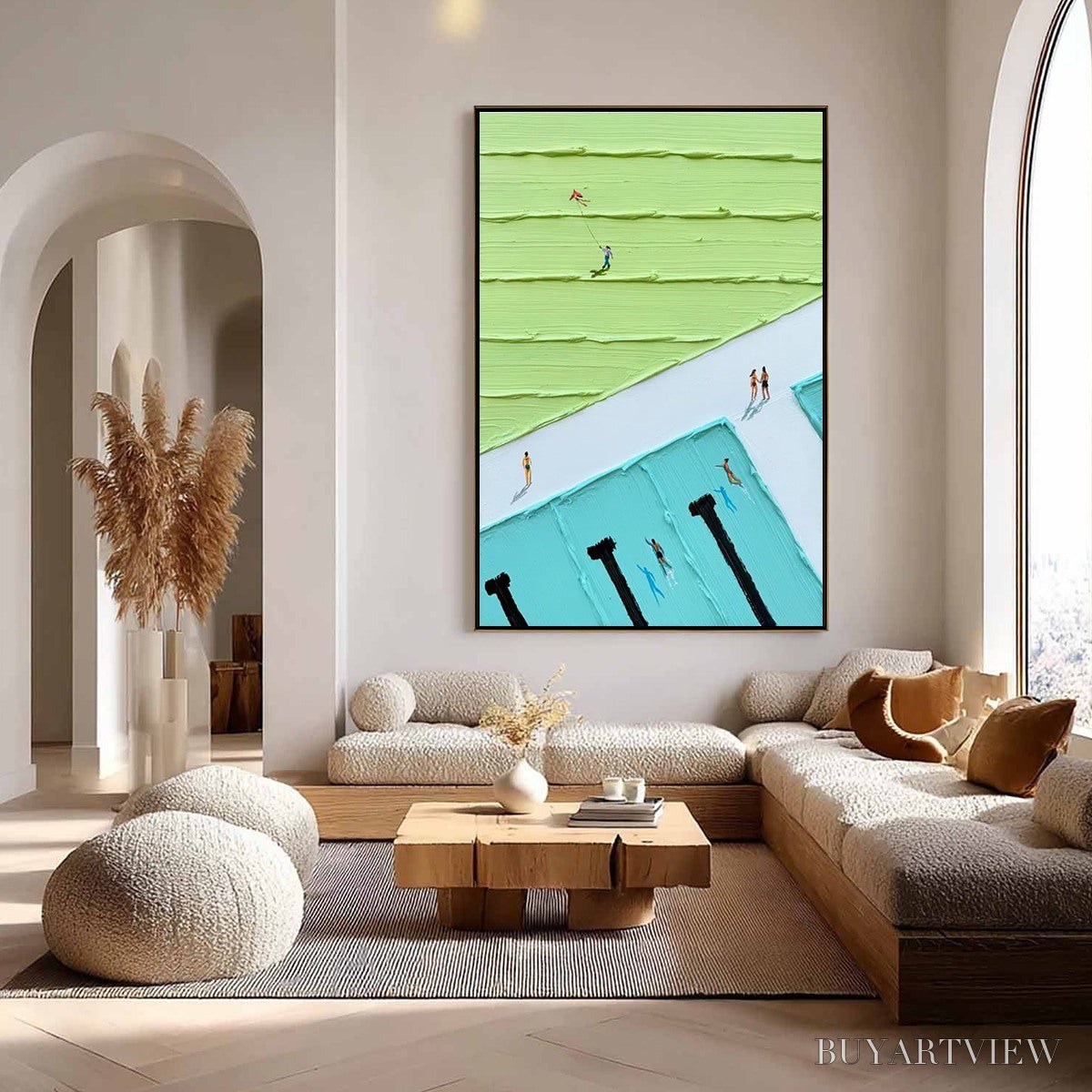 BUYARTVIEW Aqua Promenade – Minimalist Poolside Cityscape Oil Painting - image 5