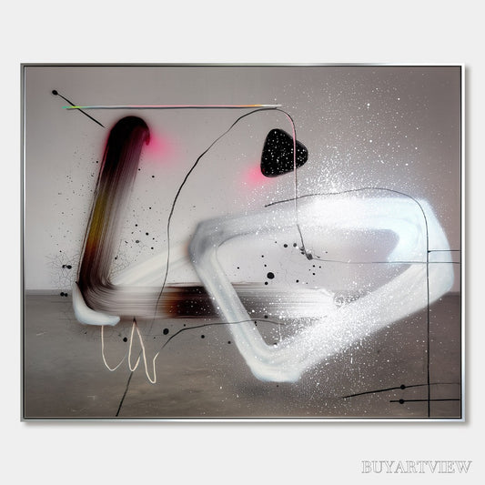 BUYARTVIEW Cosmic Drift – Abstract Minimalist Oil Painting on Grey - image 1