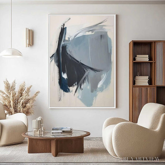 BUYARTVIEW Azure Depths – Abstract Minimalist Blue and Grey Oil Painting - image 2