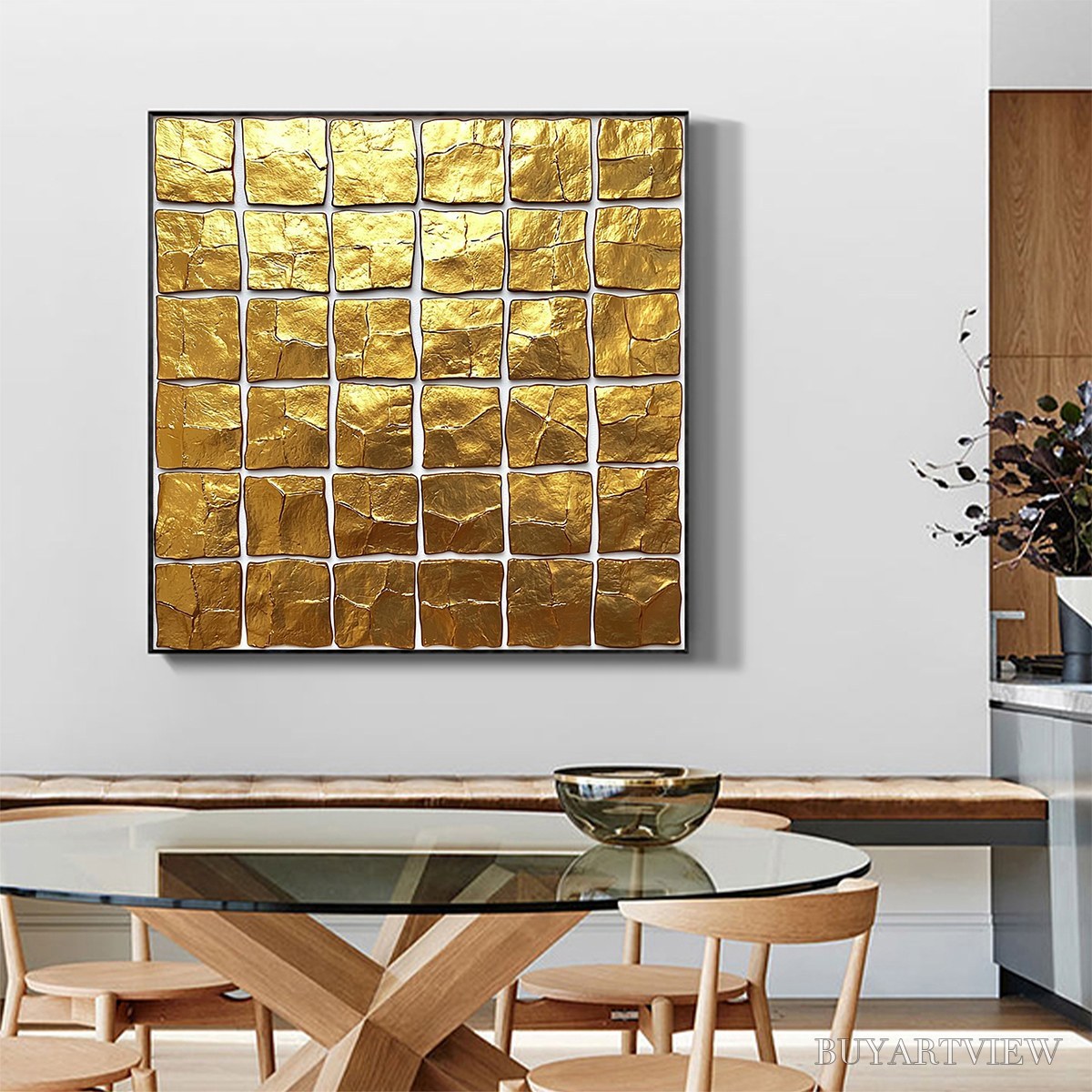 BUYARTVIEW Golden Grid – Textured Minimalist Abstract Oil Painting in Gold - image 2