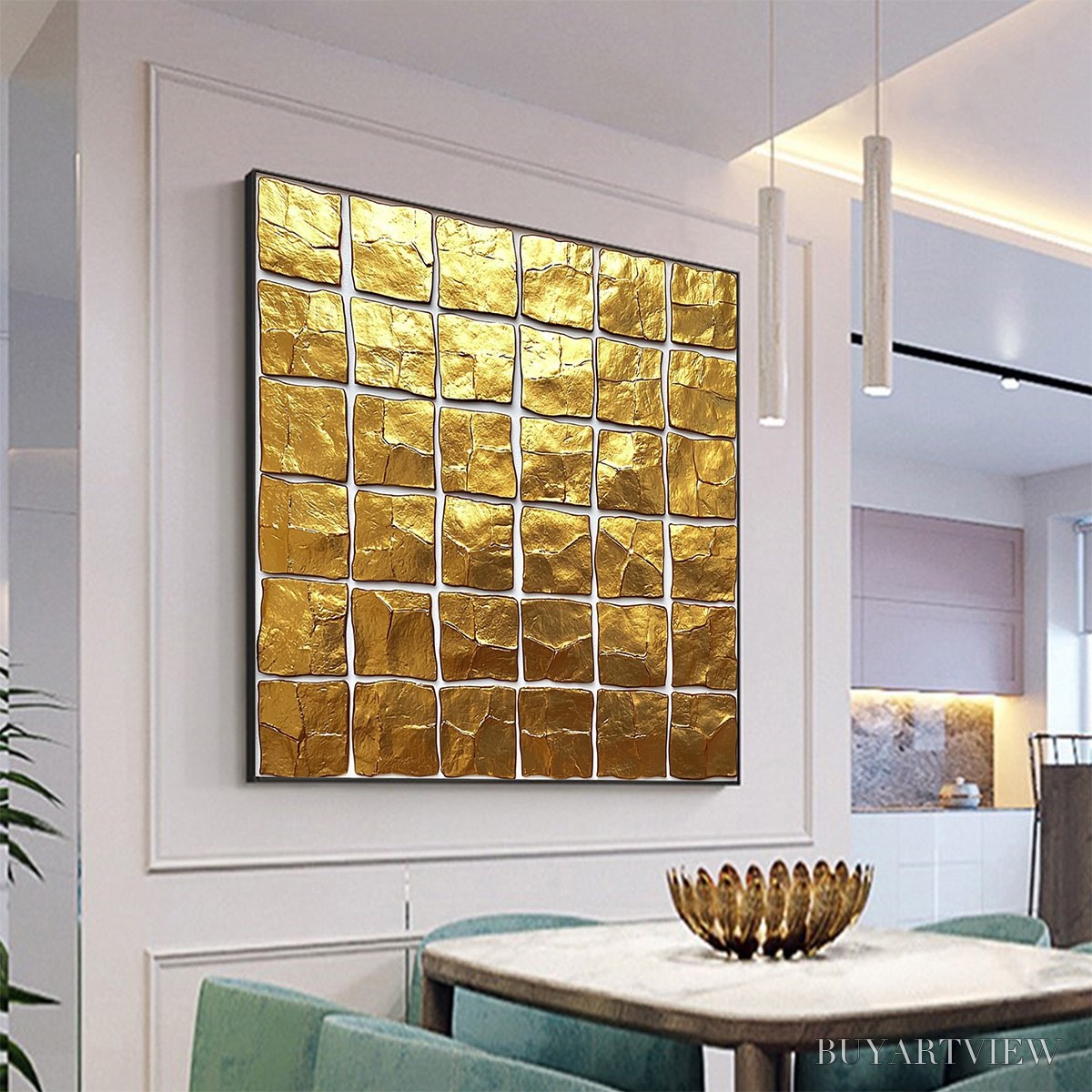 BUYARTVIEW Golden Grid – Textured Minimalist Abstract Oil Painting in Gold - image 4
