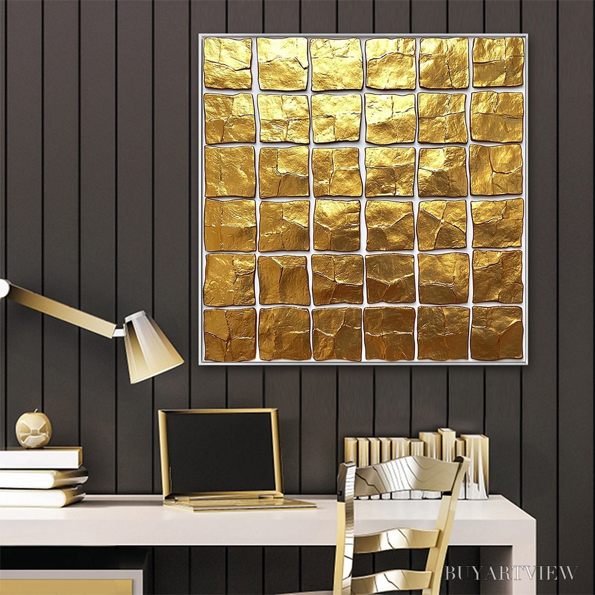 BUYARTVIEW Golden Grid – Textured Minimalist Abstract Oil Painting in Gold - image 6