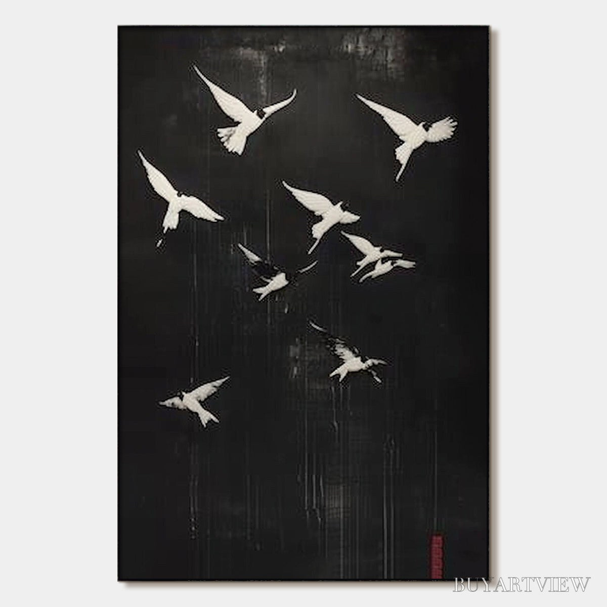 BUYARTVIEW Flight of Dreams – Minimalist Birds on Black Oil Painting - image 1