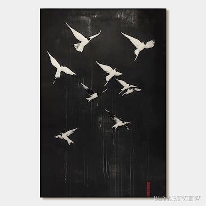BUYARTVIEW Flight of Dreams – Minimalist Birds on Black Oil Painting - image 1