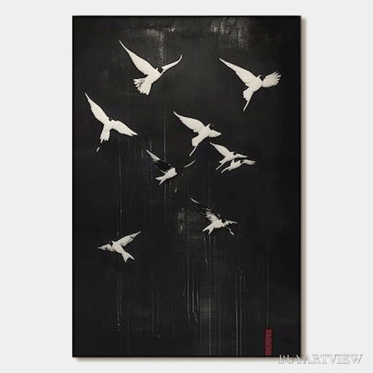 BUYARTVIEW Flight of Dreams – Minimalist Birds on Black Oil Painting - image 1