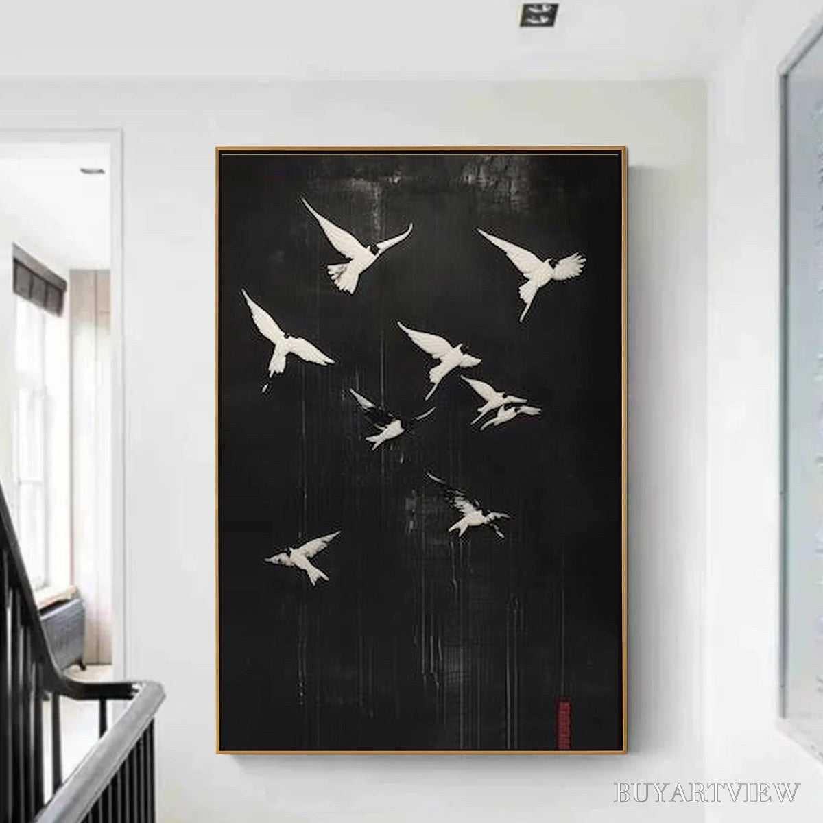 BUYARTVIEW Flight of Dreams – Minimalist Birds on Black Oil Painting - image 2