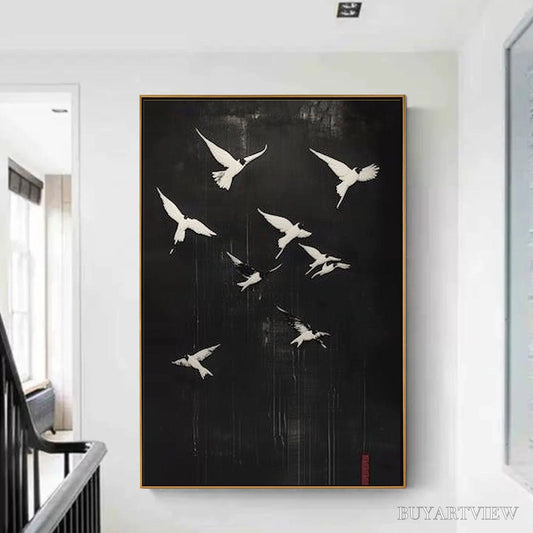 BUYARTVIEW Flight of Dreams – Minimalist Birds on Black Oil Painting - image 2