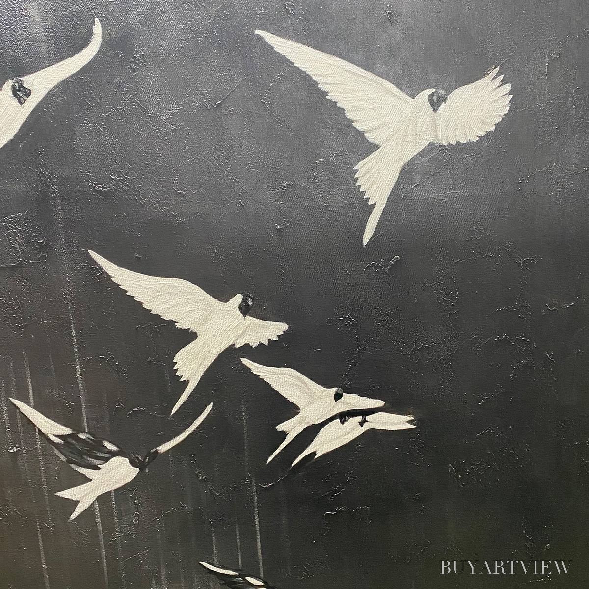 BUYARTVIEW Flight of Dreams – Minimalist Birds on Black Oil Painting - image 3