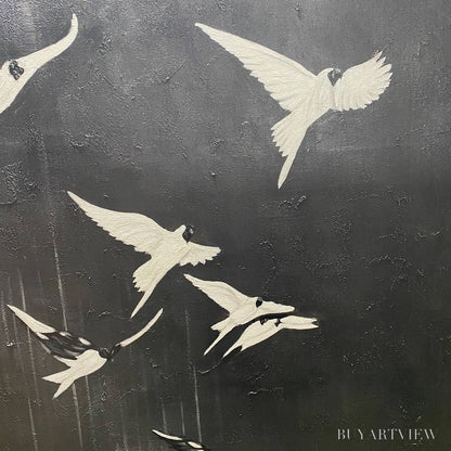 BUYARTVIEW Flight of Dreams – Minimalist Birds on Black Oil Painting - image 3