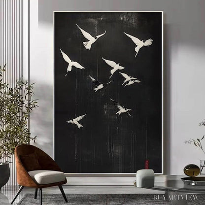 BUYARTVIEW Flight of Dreams – Minimalist Birds on Black Oil Painting - image 4