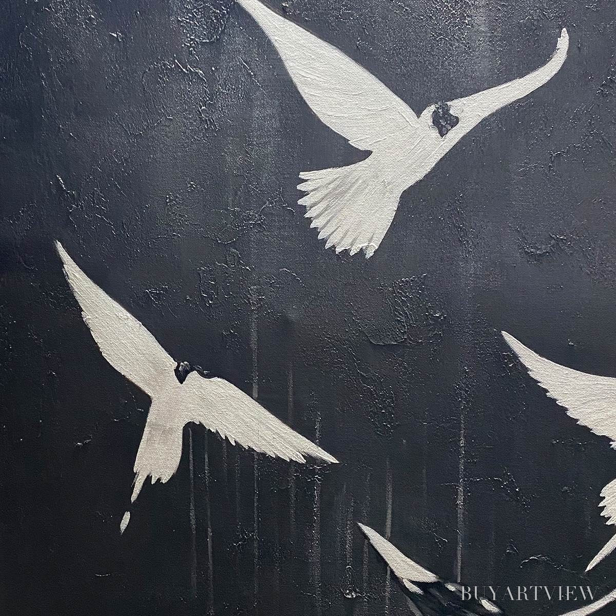 BUYARTVIEW Flight of Dreams – Minimalist Birds on Black Oil Painting - image 5