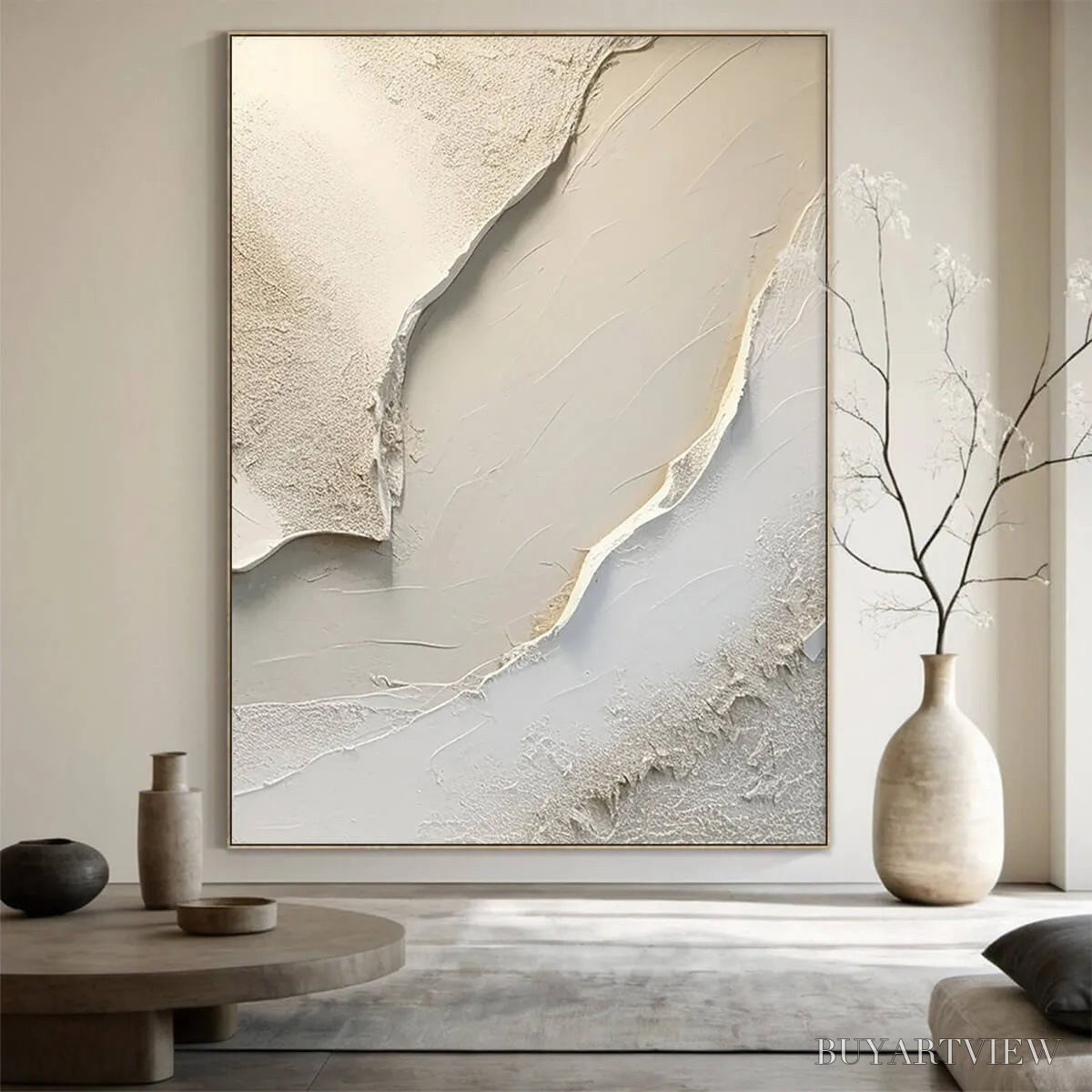 BUYARTVIEW Serene Pathways – Minimalist Beige Textured Impasto Oil Painting - image 2