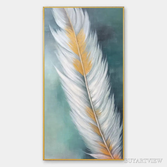 BUYARTVIEW Golden Quill – White and Gold Feather Painting, Green Background , Vertical Canvas, Minimalist Decor - image 1