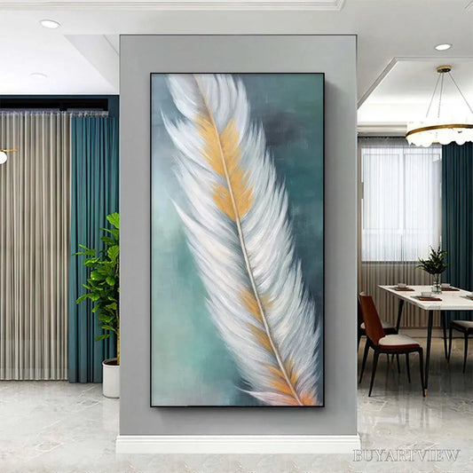 BUYARTVIEW Golden Quill – White and Gold Feather Painting, Green Background , Vertical Canvas, Minimalist Decor - image 2
