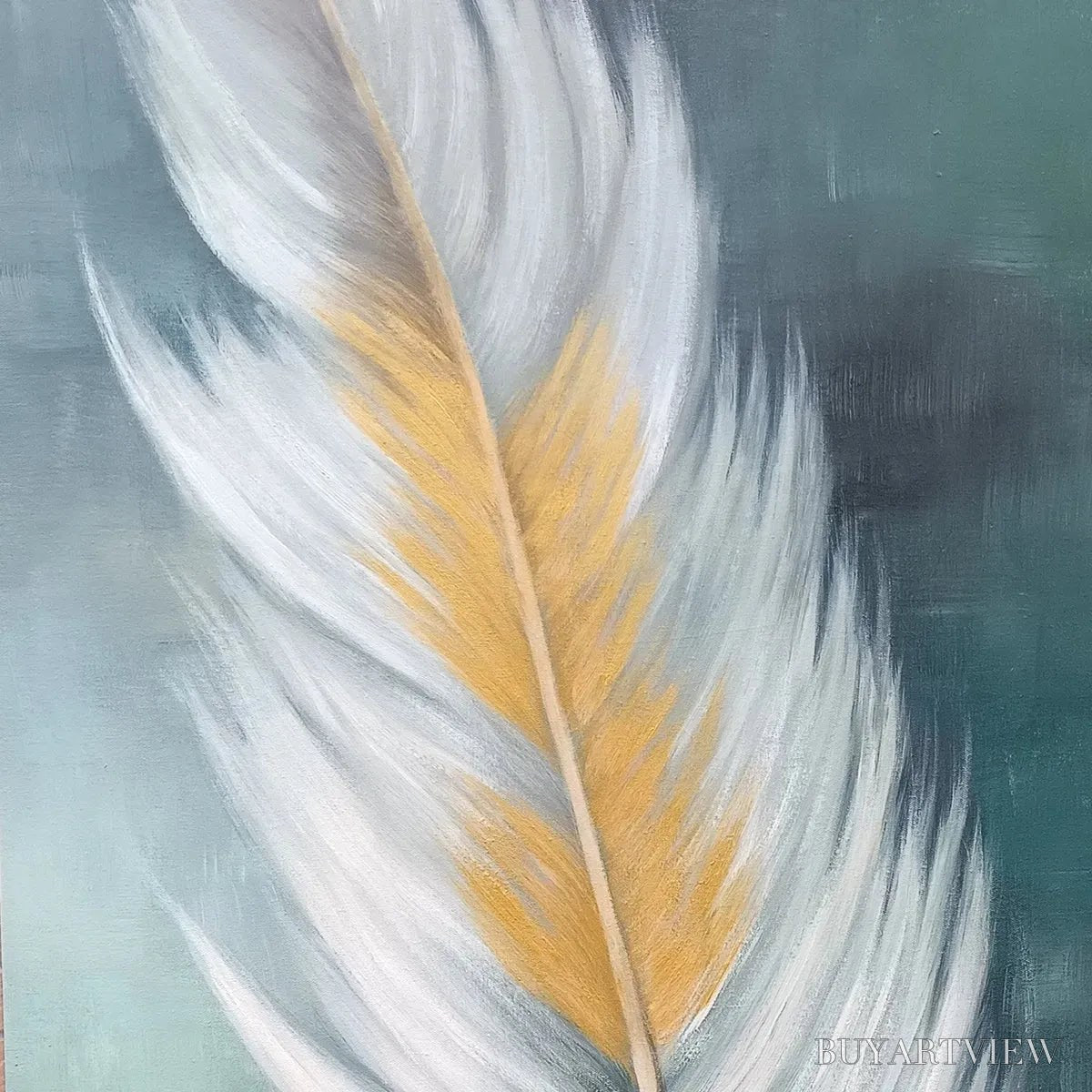 BUYARTVIEW Golden Quill – White and Gold Feather Painting, Green Background , Vertical Canvas, Minimalist Decor - image 3