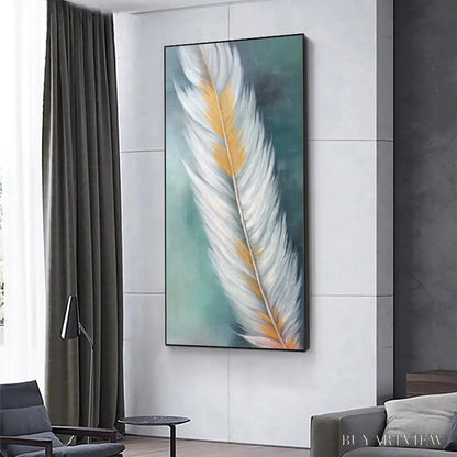 BUYARTVIEW Golden Quill – White and Gold Feather Painting, Green Background , Vertical Canvas, Minimalist Decor - image 4