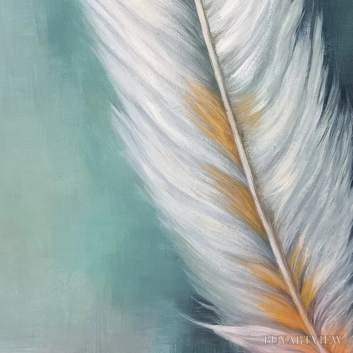 BUYARTVIEW Golden Quill – White and Gold Feather Painting, Green Background , Vertical Canvas, Minimalist Decor - image 5