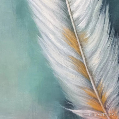 BUYARTVIEW Golden Quill – White and Gold Feather Painting, Green Background , Vertical Canvas, Minimalist Decor - image 5