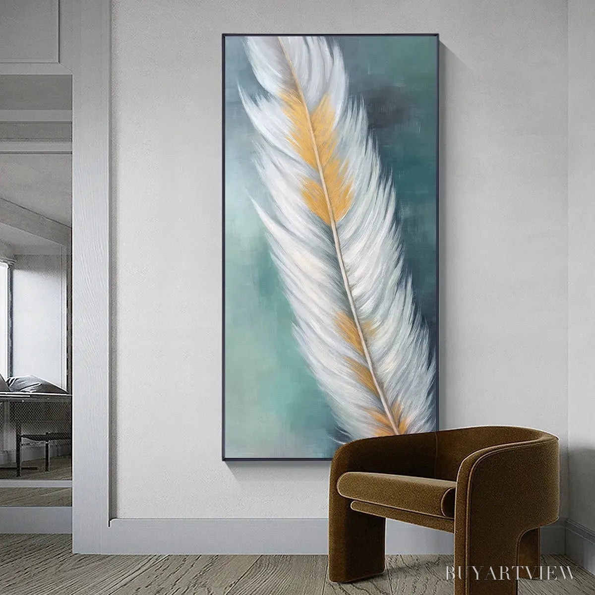 BUYARTVIEW Golden Quill – White and Gold Feather Painting, Green Background , Vertical Canvas, Minimalist Decor - image 6
