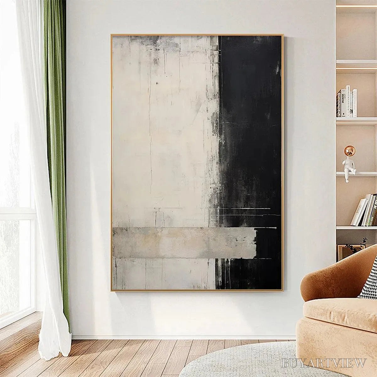 BUYARTVIEW Monochrome Minimalism – Abstract Painting, Black and White , Textured Canvas, Vertical - image 2