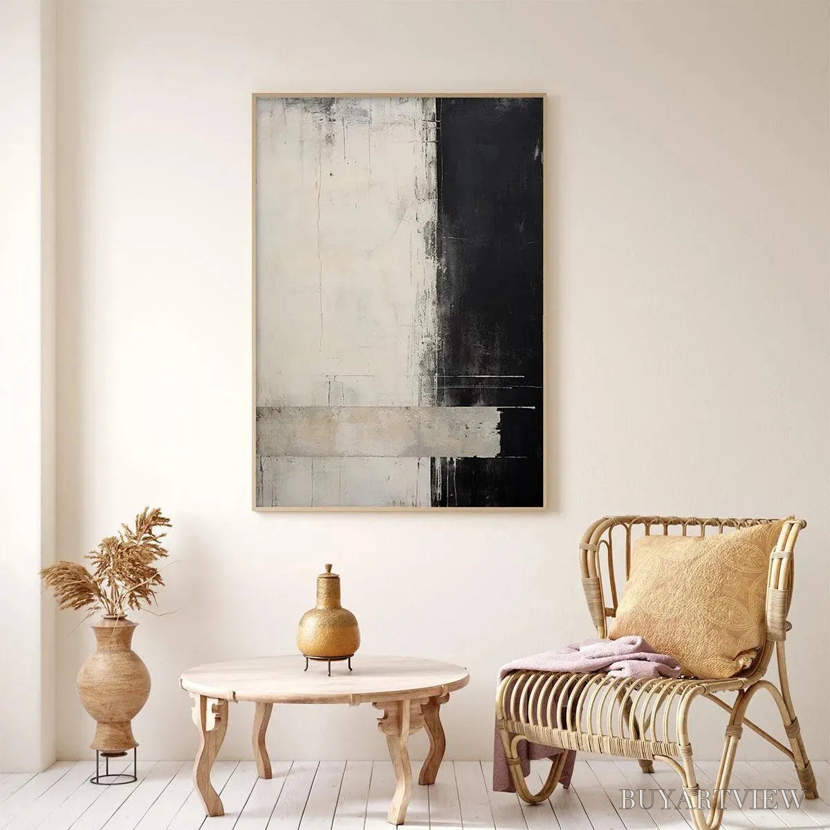 BUYARTVIEW Monochrome Minimalism – Abstract Painting, Black and White , Textured Canvas, Vertical - image 4
