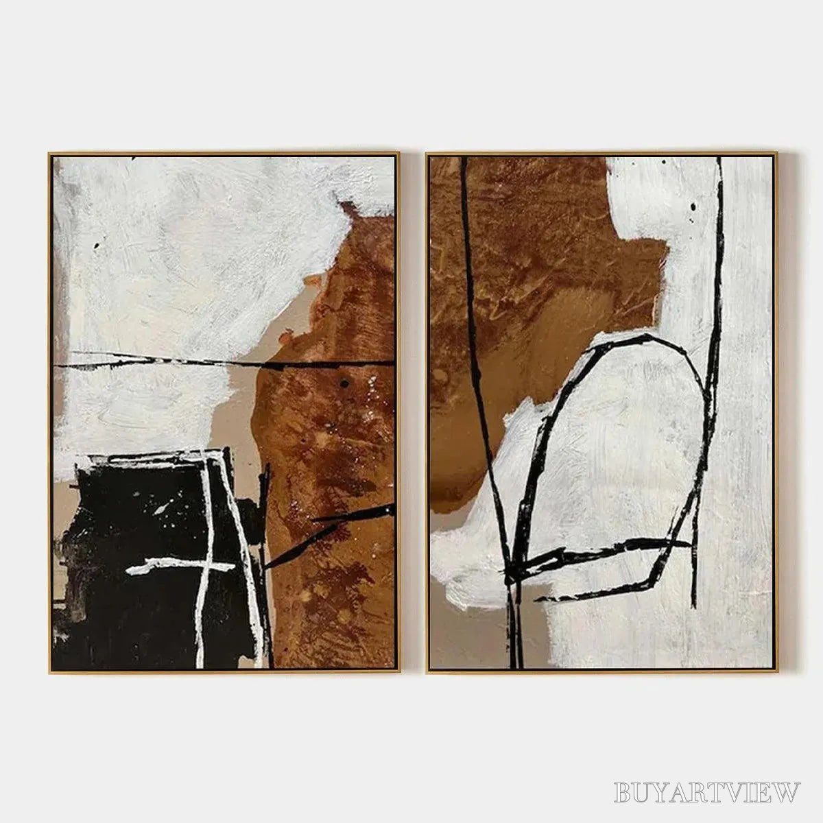 BUYARTVIEW Brown & White Abstract Diptych – Abstract Painting Set of 2, Vertical - image 1