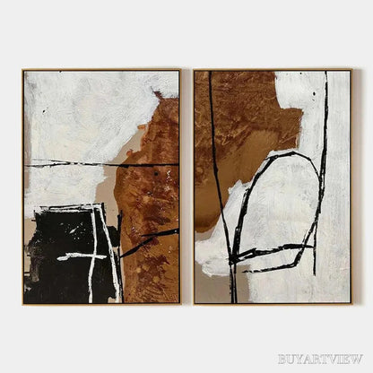 BUYARTVIEW Brown & White Abstract Diptych – Abstract Painting Set of 2, Vertical - image 1