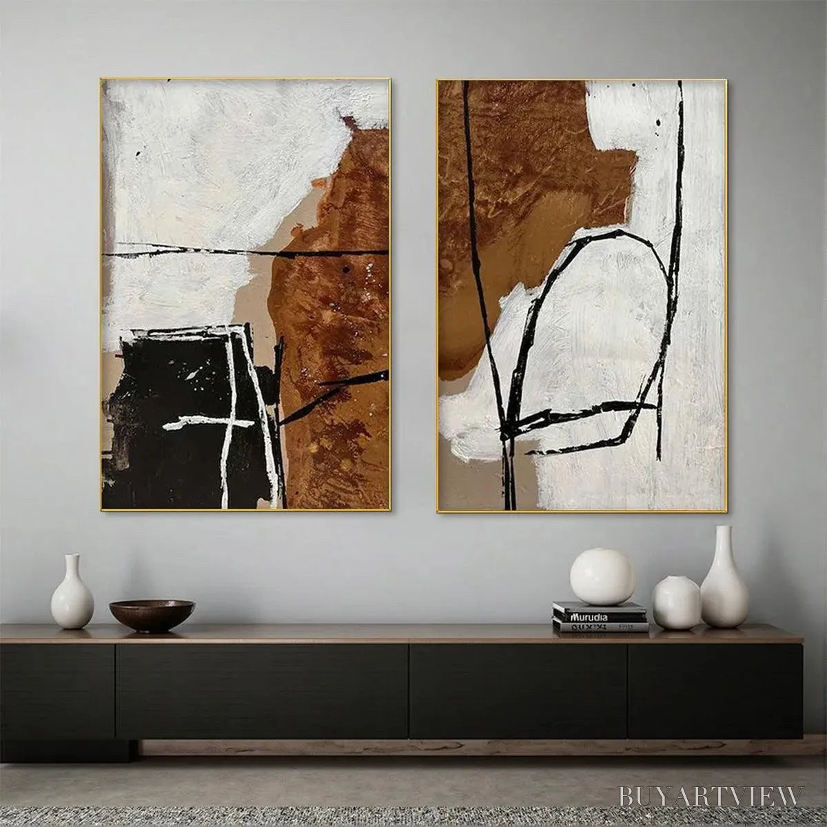 BUYARTVIEW Brown & White Abstract Diptych – Abstract Painting Set of 2, Vertical - image 2