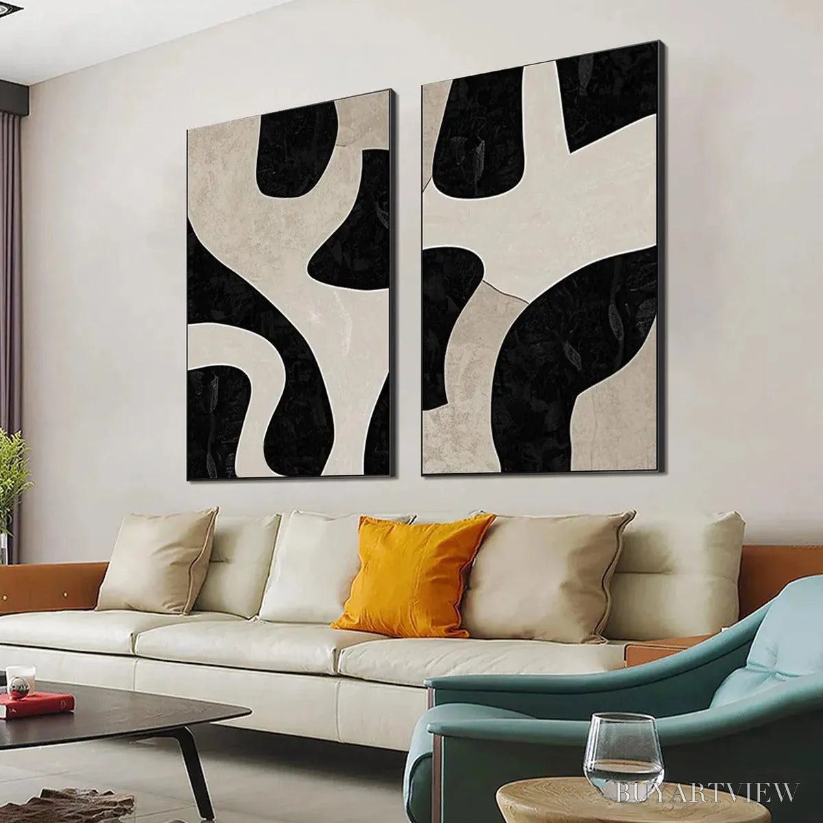 BUYARTVIEW Black & Beige Abstract Diptych – Abstract Painting Set of 2, Vertical - image 4