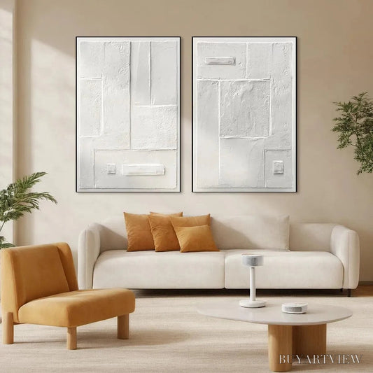 BUYARTVIEW White Textured Vertical Diptych – Minimalist Textured Painting Set of 2, Vertical - image 2