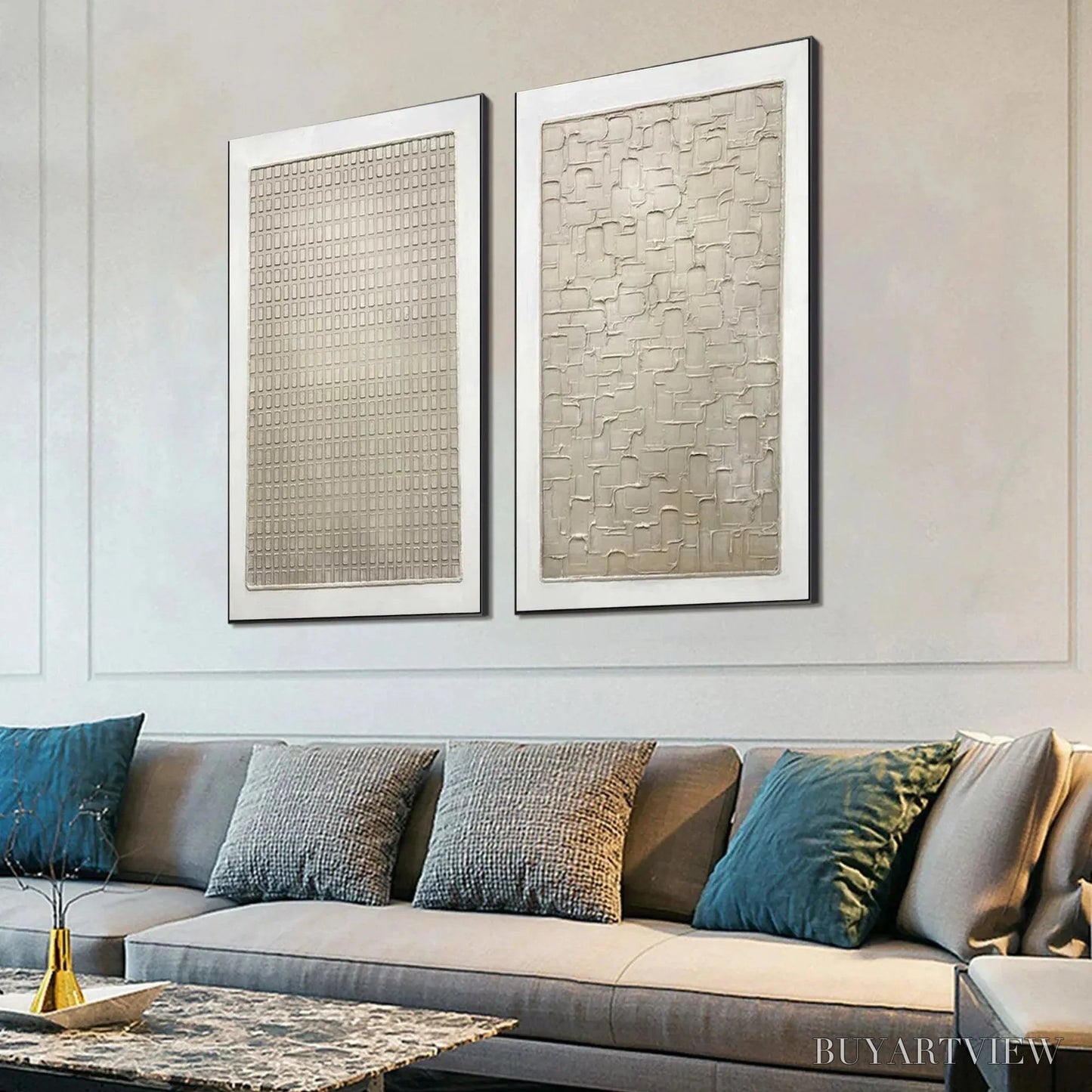 BUYARTVIEW Textured Beige Grid Set – Minimalist Textured Painting Set of 2 - image 5