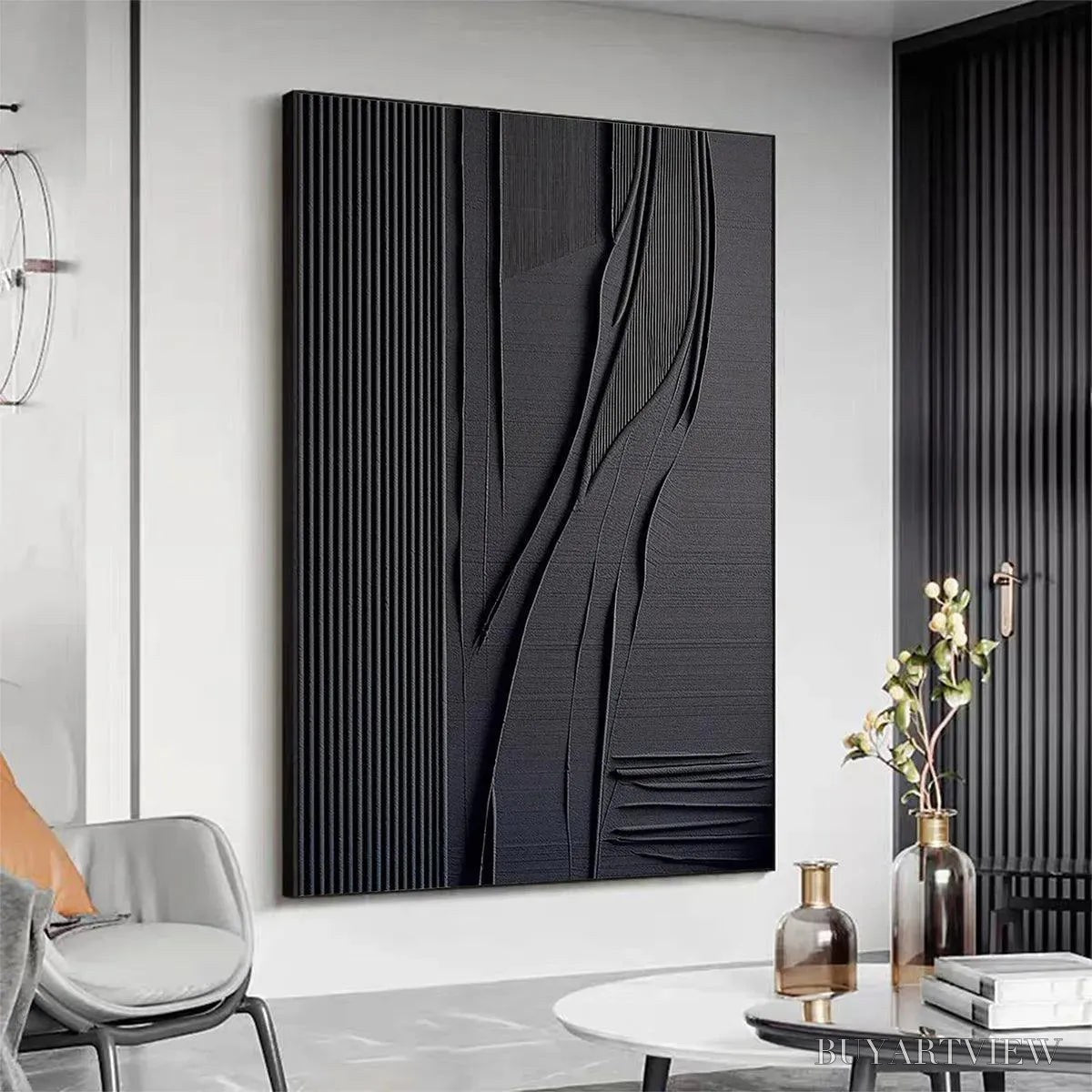 BUYARTVIEW Black Textured Lines and Curves – Minimalist Textured Abstract Painting - image 3
