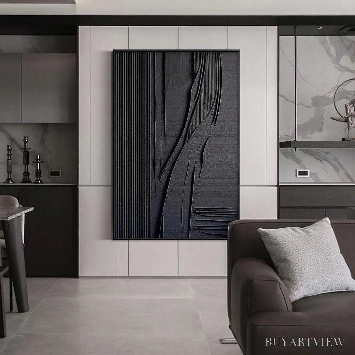 BUYARTVIEW Black Textured Lines and Curves – Minimalist Textured Abstract Painting - image 6