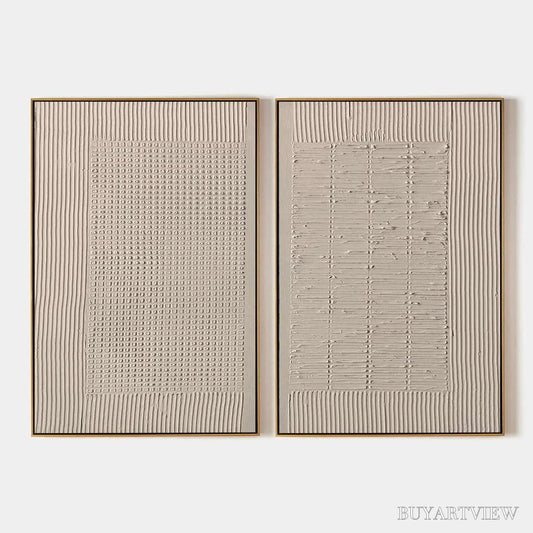 BUYARTVIEW Textured Grid Duo – Set of 2 Textured Abstract Paintings in Beige - image 1