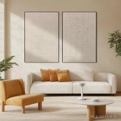 BUYARTVIEW Textured Grid Duo – Set of 2 Textured Abstract Paintings in Beige - image 2