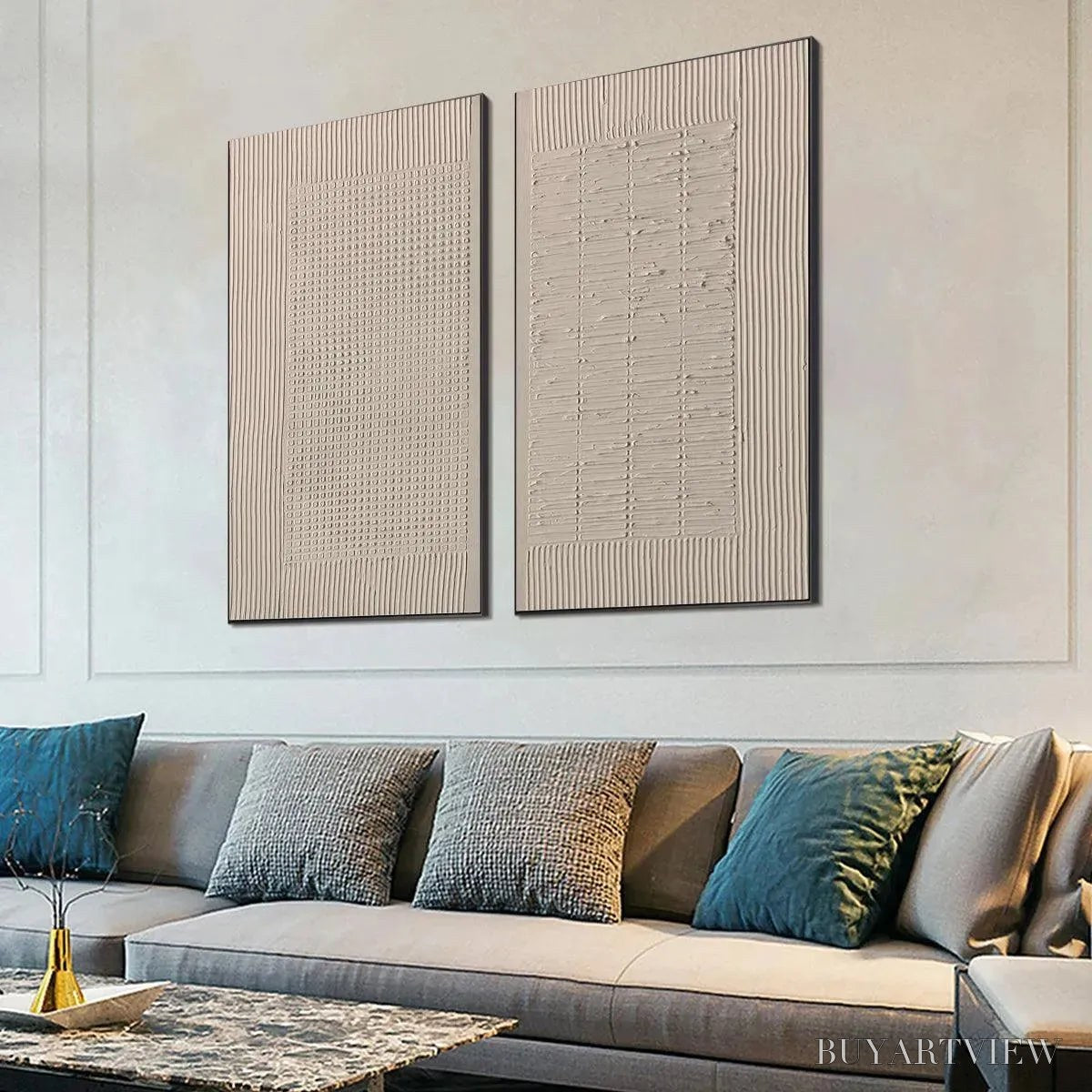 BUYARTVIEW Textured Grid Duo – Set of 2 Textured Abstract Paintings in Beige - image 6
