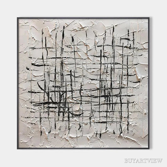 BUYARTVIEW Woven Lines – Textured Minimalist Abstract Painting in Black and White - image 1