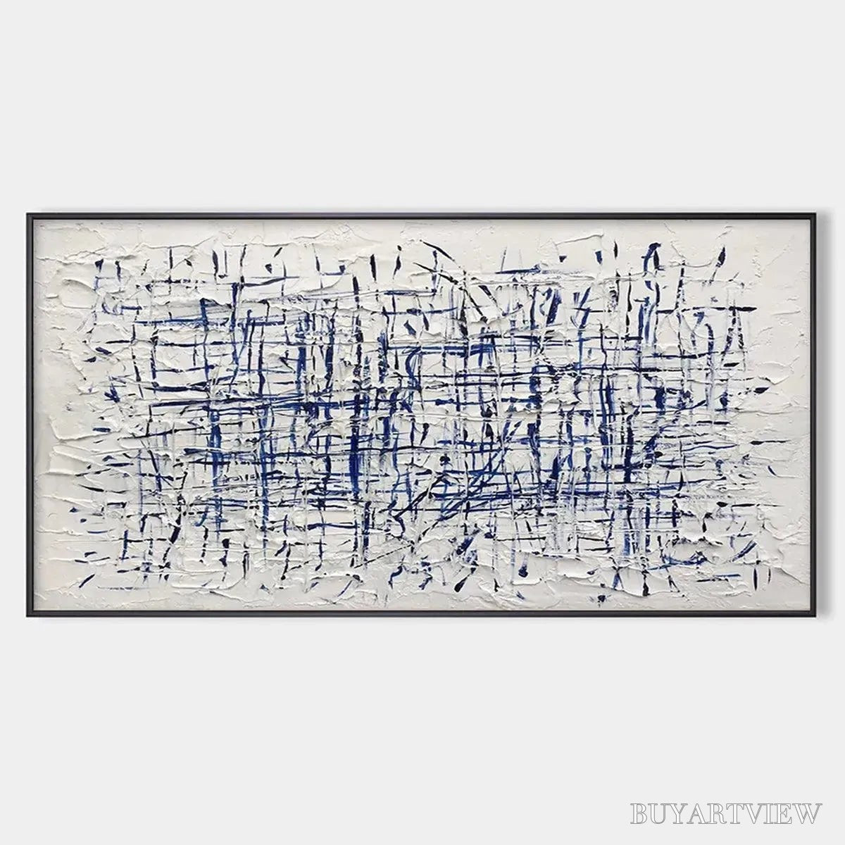BUYARTVIEW Blue Grid – Textured Minimalist Abstract Painting in Blue and White - image 1