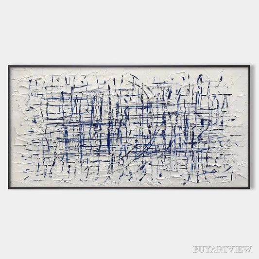 BUYARTVIEW Blue Grid – Textured Minimalist Abstract Painting in Blue and White - image 1