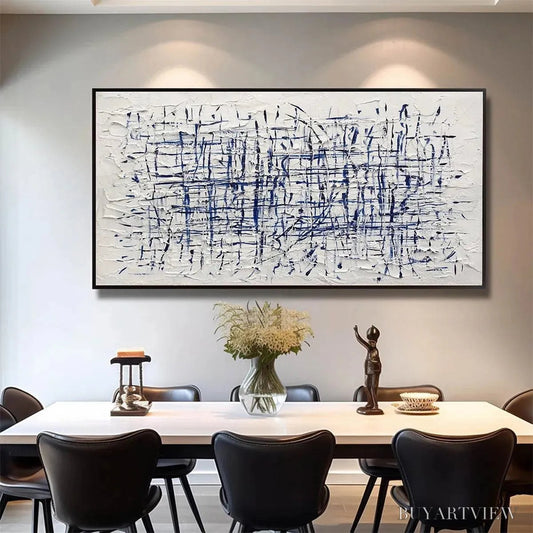 BUYARTVIEW Blue Grid – Textured Minimalist Abstract Painting in Blue and White - image 2