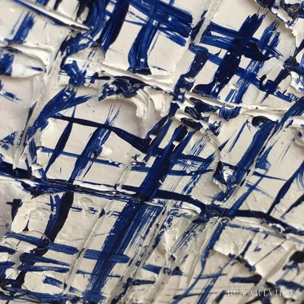 BUYARTVIEW Blue Grid – Textured Minimalist Abstract Painting in Blue and White - image 3