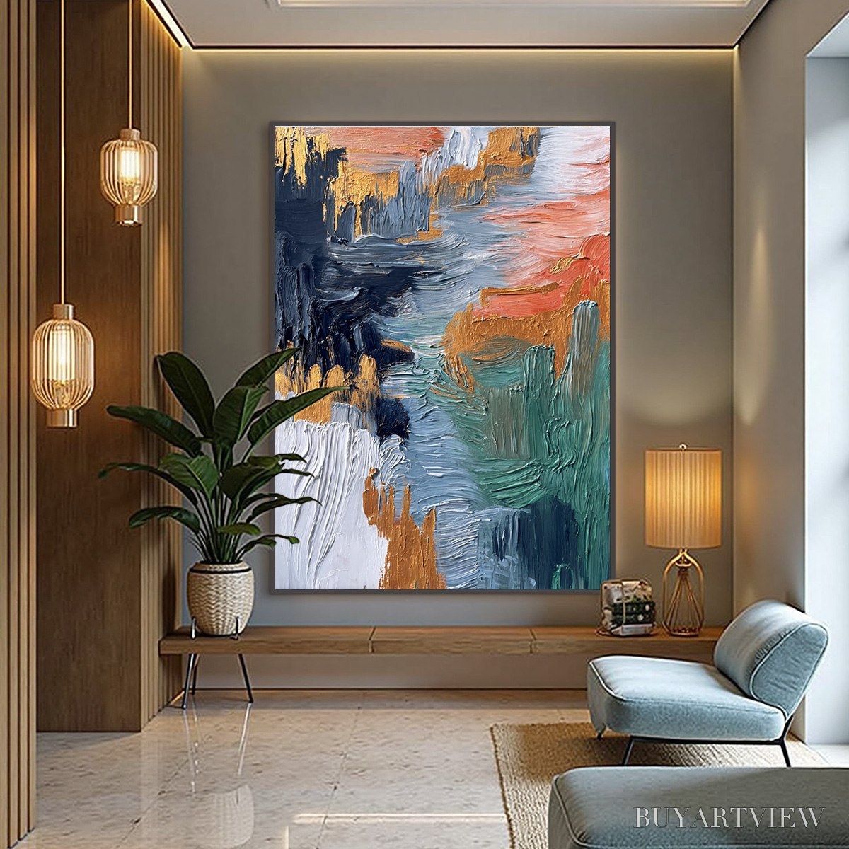 BUYARTVIEW Ethereal Cascade – Textured Vertical Abstract Art with Gold Accents - image 4