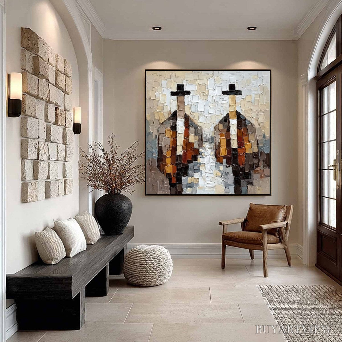 BUYARTVIEW the Gentlemen'S Accord – Textured Abstract Painting of Three Figures - image 6