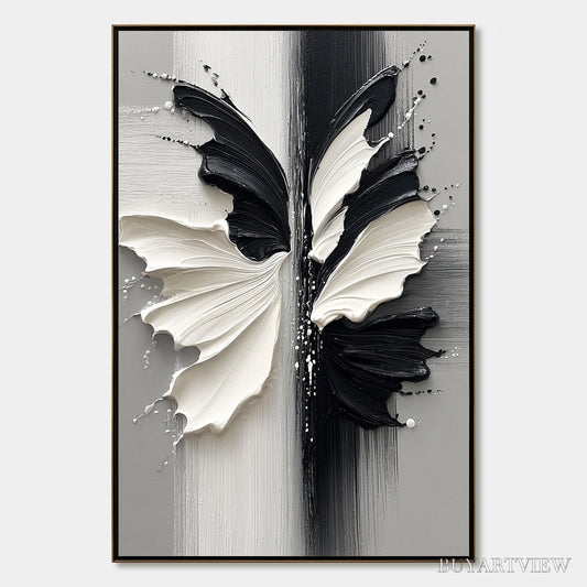 BUYARTVIEW Metamorphosis – Textured Abstract Butterfly Painting in Black and White - image 1