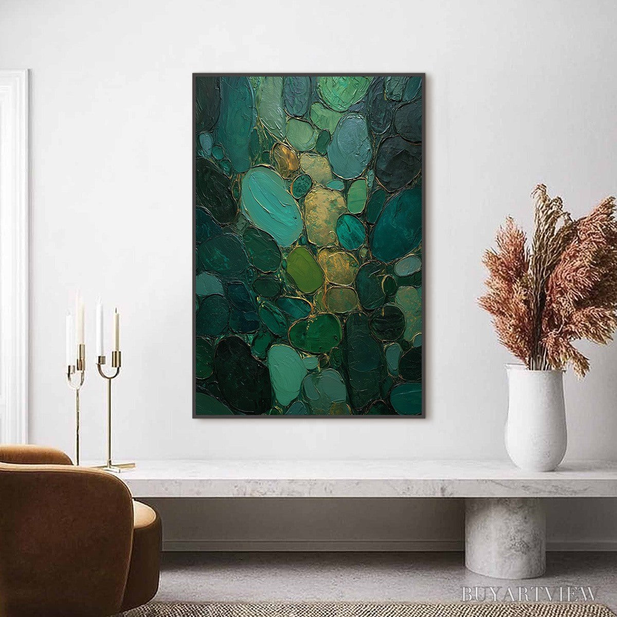 BUYARTVIEW Emerald Riverbed Green Gold Textured Abstract Oil Painting - image 2