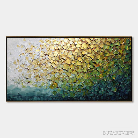 BUYARTVIEW Golden Canopy – Heavily Textured Gold & Green Abstract Impasto Painting - image 1