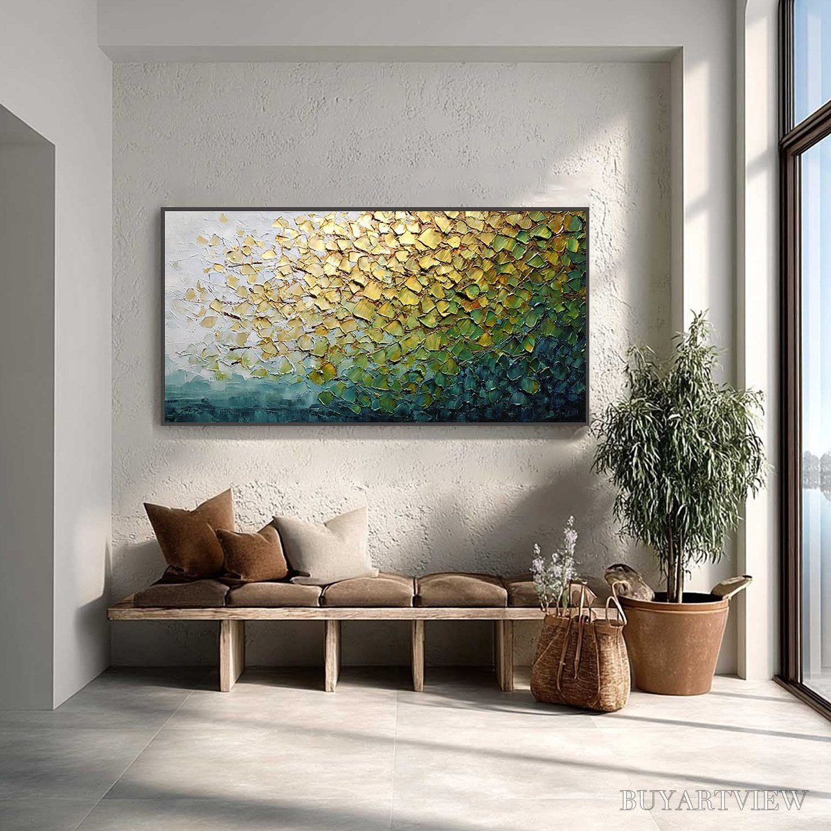 BUYARTVIEW Golden Canopy – Heavily Textured Gold & Green Abstract Impasto Painting - image 2