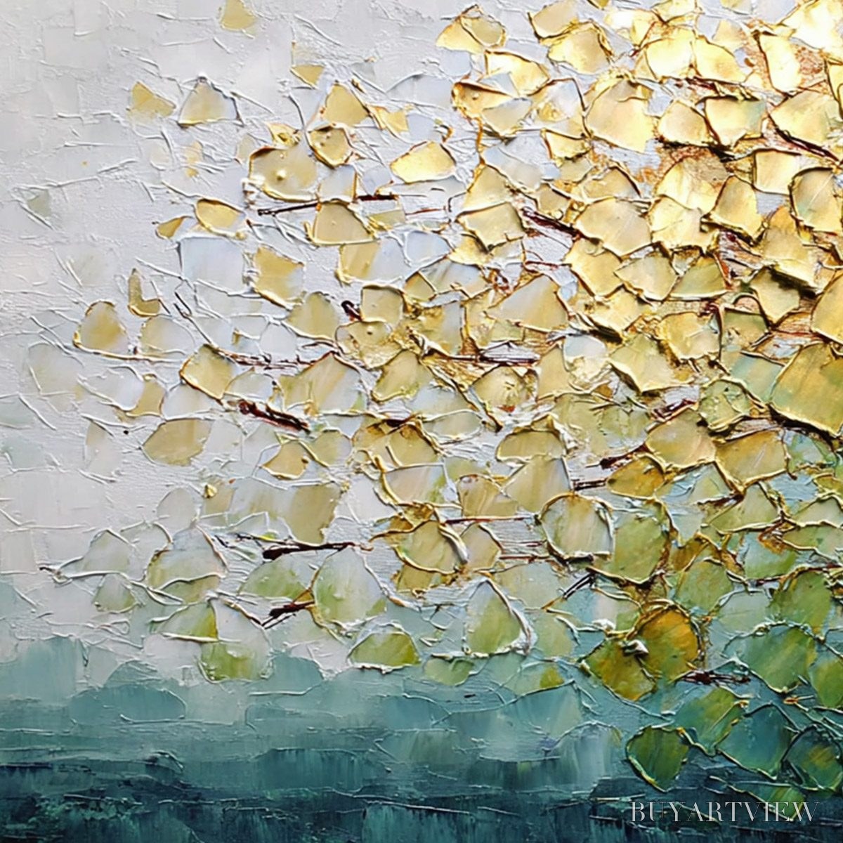 BUYARTVIEW Golden Canopy – Heavily Textured Gold & Green Abstract Impasto Painting - image 3